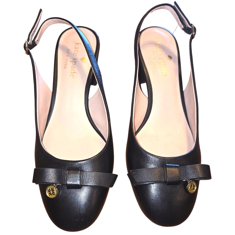 kate spade Black Leather Slingback Heels with Bow and Gold Logo